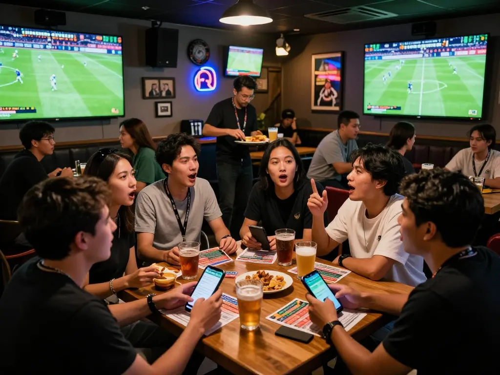 Excited fans at a sports bar engaged in kèo bóng đá nhà cái betting during a live football match.