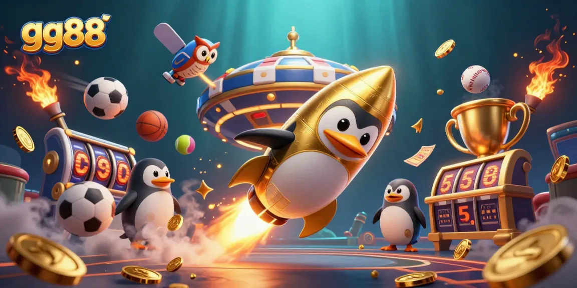 Experience thrilling gaming at gg88 with a golden penguin soaring towards a vibrant casino space station.