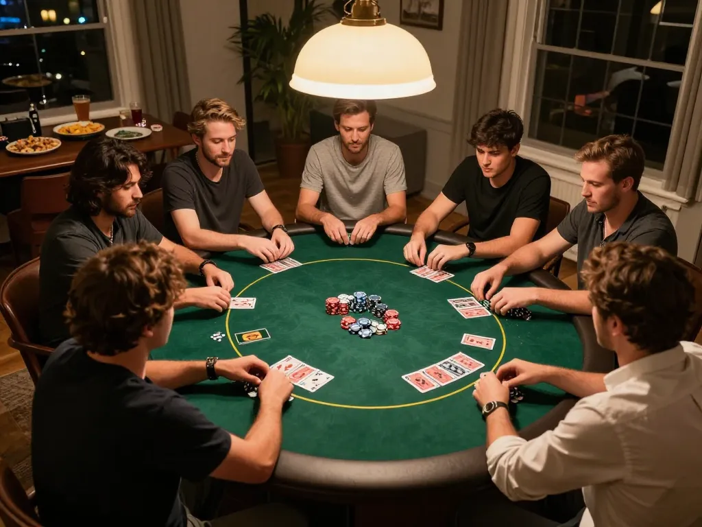 Friends playing poker at home, enjoying friendly competition on trang chủ lc88 platform.