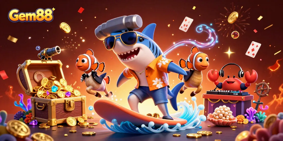 Experience the excitement of Gem88 with a vibrant 3D illustration featuring dynamic characters and casino elements.