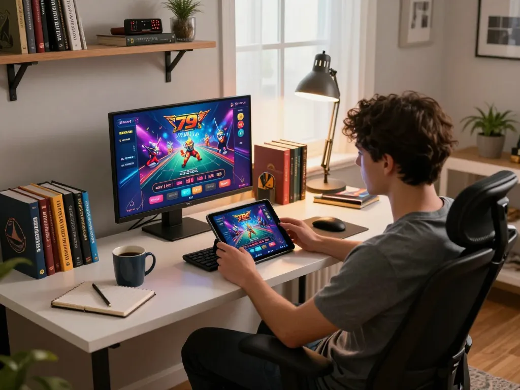 Engaging gameplay on fun 79 casino app in a cozy home office setting with strategic notes.