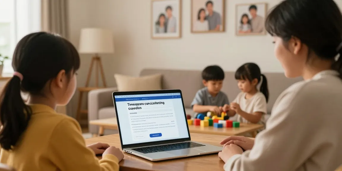 Family discussing how can you get rid of a timeshare in a cozy living room with a laptop and children's toys.
