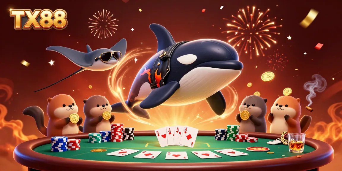 Win big at TX88 with a dynamic casino scene featuring cartoon characters and poker elements.
