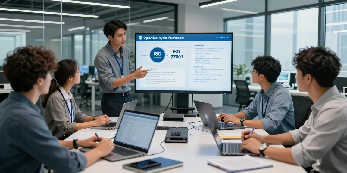 Cyber Essentials vs ISO 27001 team discussion in a modern workspace with IT specialists analyzing comparison data on displays.