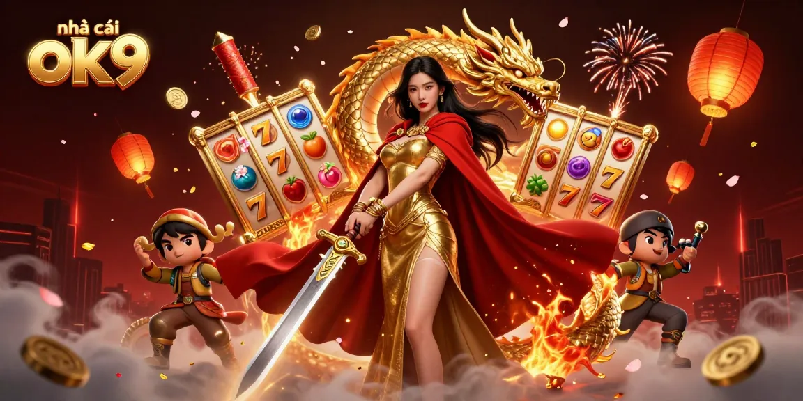 Experience the thrill at nhà cái ok9 with a warrior queen in 3D casino action surrounded by spinning slot reels and festive elements.