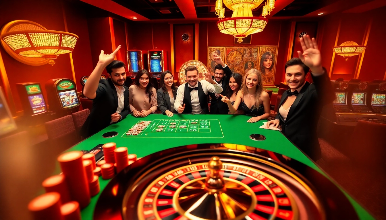 Players experiencing thrill at the casino table on 789f.com, surrounded by vibrant poker chips and slot machines.