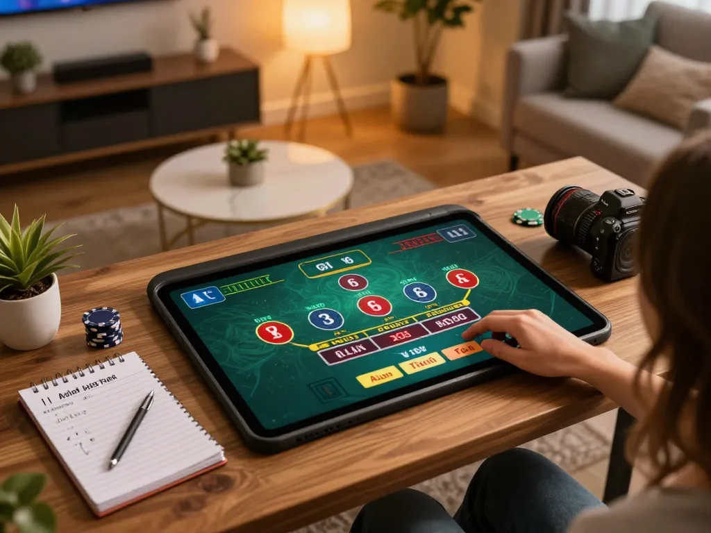 Daga player strategizing during online blackjack game on tablet with thoughtful focus.