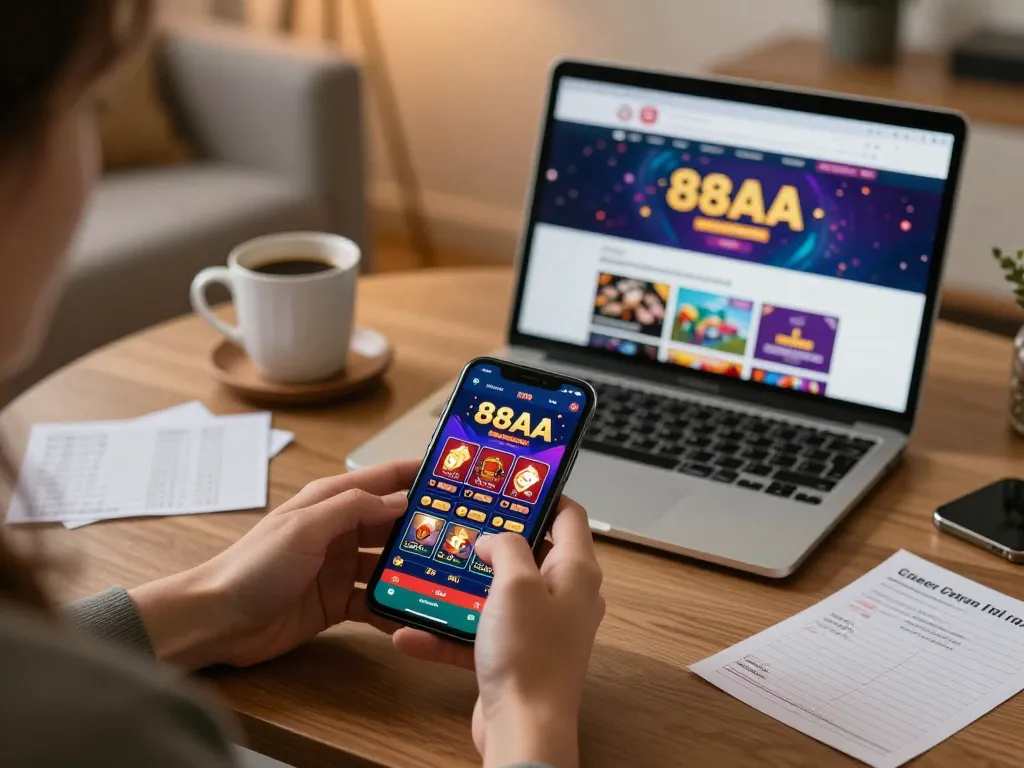 Engaging with the 88AA app for seamless online gambling on a smartphone in a cozy home setting.