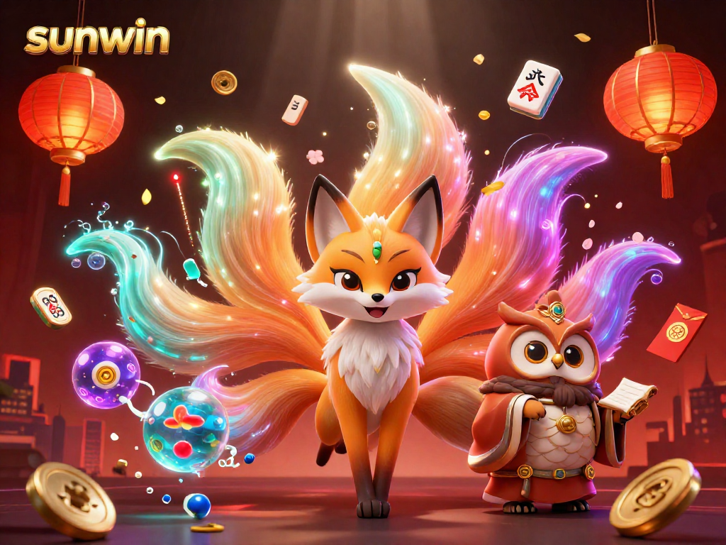 Experience the vibrant universe of sunwin with this enchanting illustration, showcasing dynamic spirits and rich casino elements.