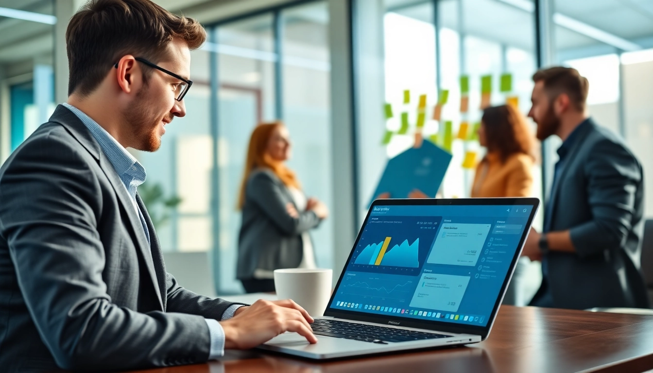 Marketing Consultant discussing strategies with clients in a modern office with digital tools.