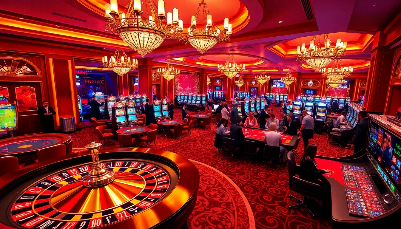 Experience the vibrant excitement of the go8 casino atmosphere, featuring roulette wheels and poker tables.