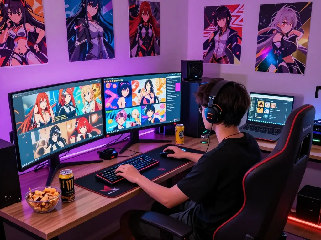 Immerse yourself in exciting hentai games featuring vibrant anime characters in a colorful gaming room.