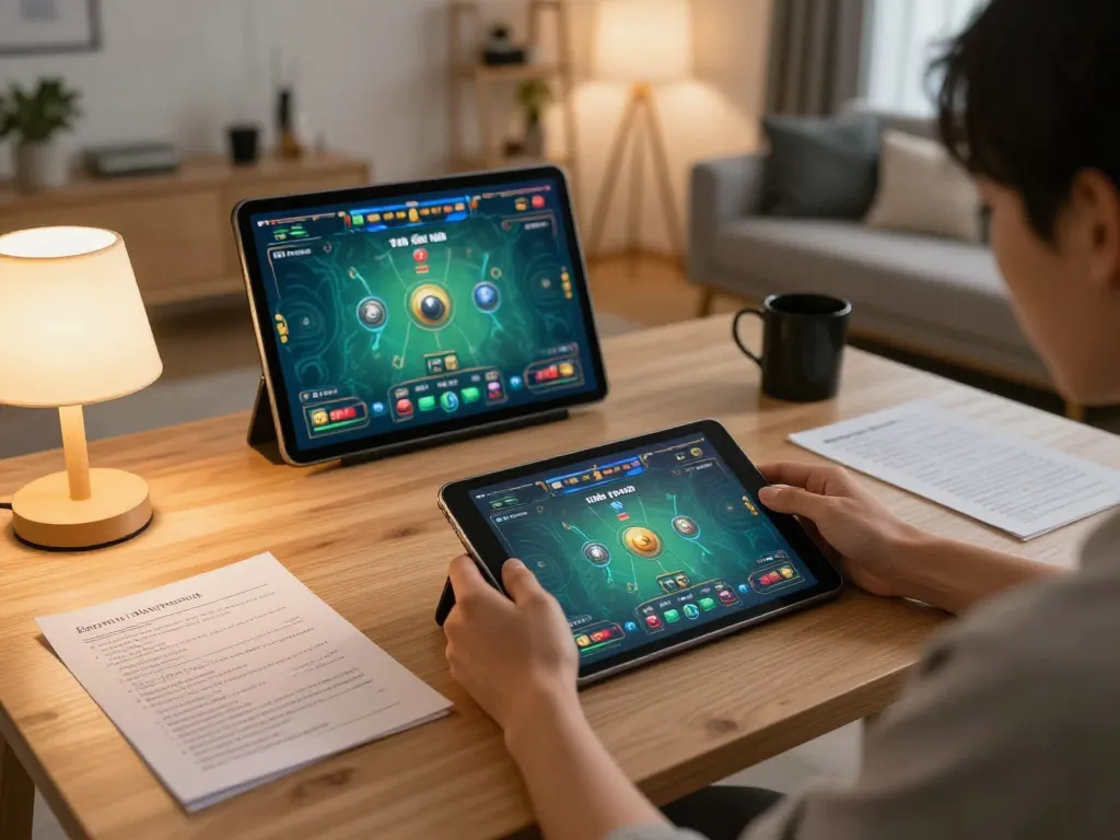 Engaging in an online tài xỉu game on a tablet amidst cozy home decor and strategic notes.