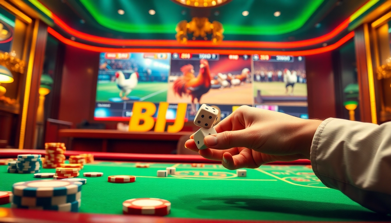 A dynamic casino scene showcasing BJ 88 with poker chips, dice, and live action atmosphere.
