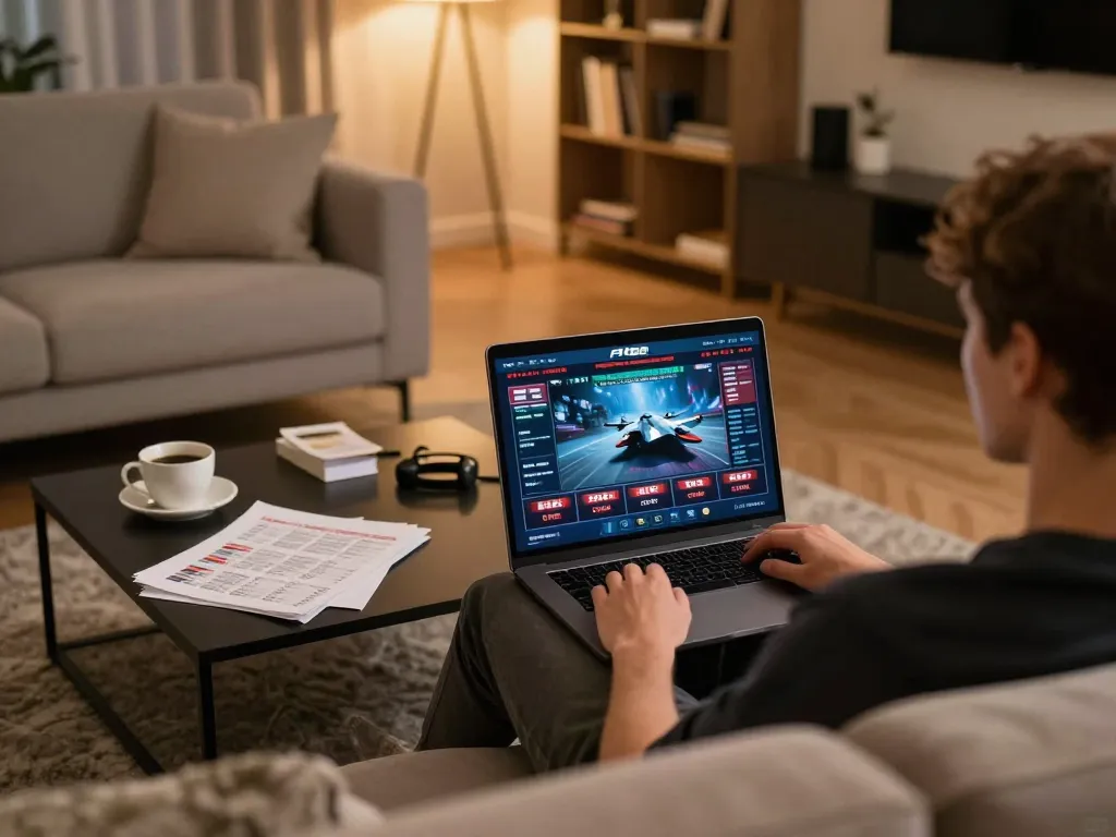 Player enjoying online gaming on F168 platform in cozy living room with strategic notes