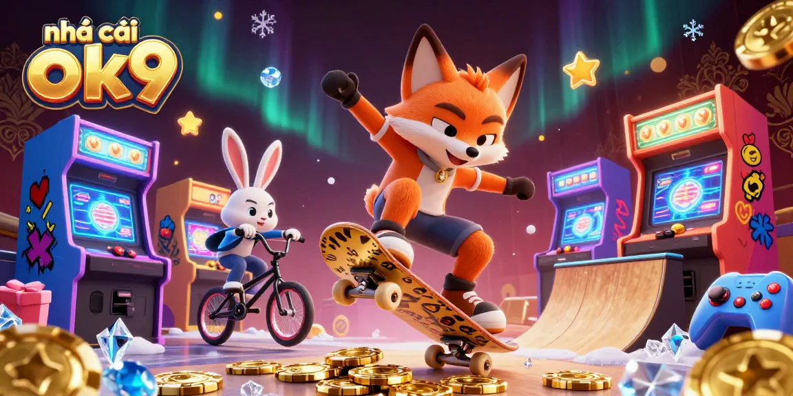 Experience thrilling gameplay at nhà cái ok9, where vibrant characters come alive amid a dynamic casino-themed illustration.
