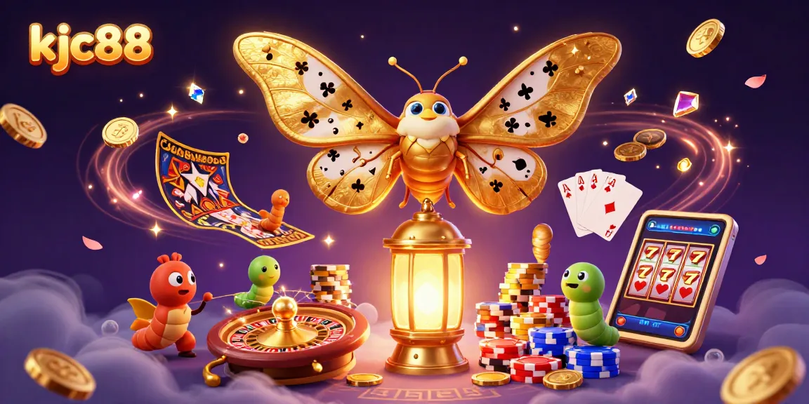 Win big with kjc88 at this vibrant casino scene featuring 3D moths and cascading coins.
