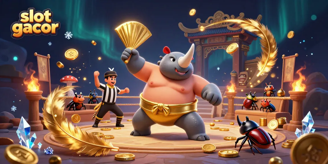 Slot gacor menampilkan ilustrasi 3D beetle juara sumo sedang menendang koin emas dengan efek dramatis.