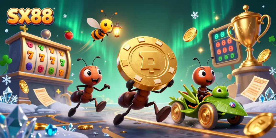Experience the thrill of SX88 with a whimsical heist scene featuring ants and gaming elements.